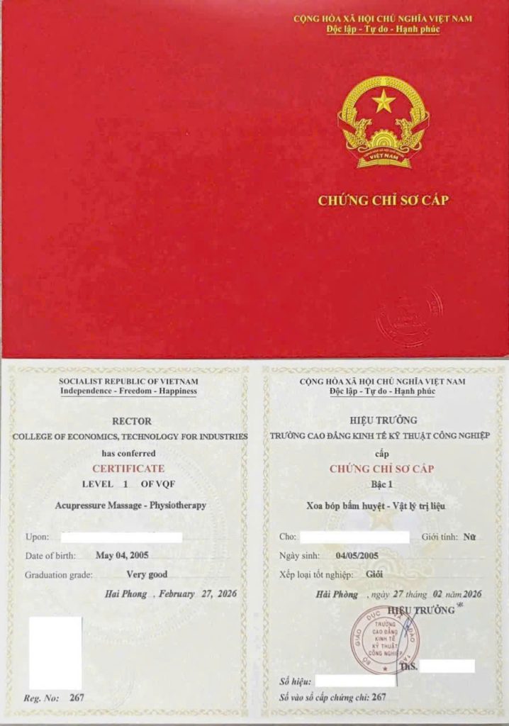 chứng chi Khóa Học Sơ Cấp Nghề Xoa Bóp Bấm Huyệt – Vật Lý Trị Liệu 2026