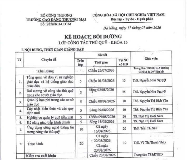 Lịch Khóa Học Nghiệp Vụ Thủ Quỹ 2026