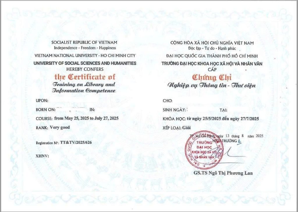 Chứng chỉ Khóa Học Nghiệp Vụ Thông Tin Thư Viện